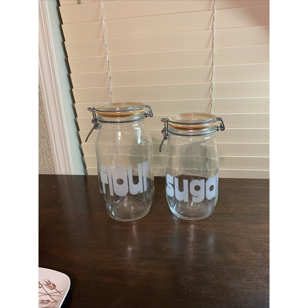 Vintage Triomphe  Glass Flour  & Sugar Canister Jars 10” & 8.75”